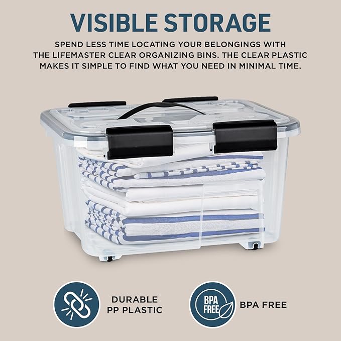 Lifemaster Stackable Storage Box Set - 6 Pieces 32 Quarts Multi-purpose, Space-Efficient Stackable Storage Boxes with Nestable Design, Secure Latches, Easy-Move Wheels & Pull-Out Base - Clear