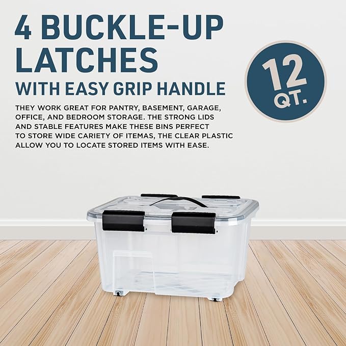 Lifemaster Stackable Storage Box Set - 6 Pieces 12 Quarts Multi-purpose, Space-Efficient Stackable Storage Boxes with Nestable Design, Secure Latches, Easy-Move Wheels & Pull-Out Base - Clear