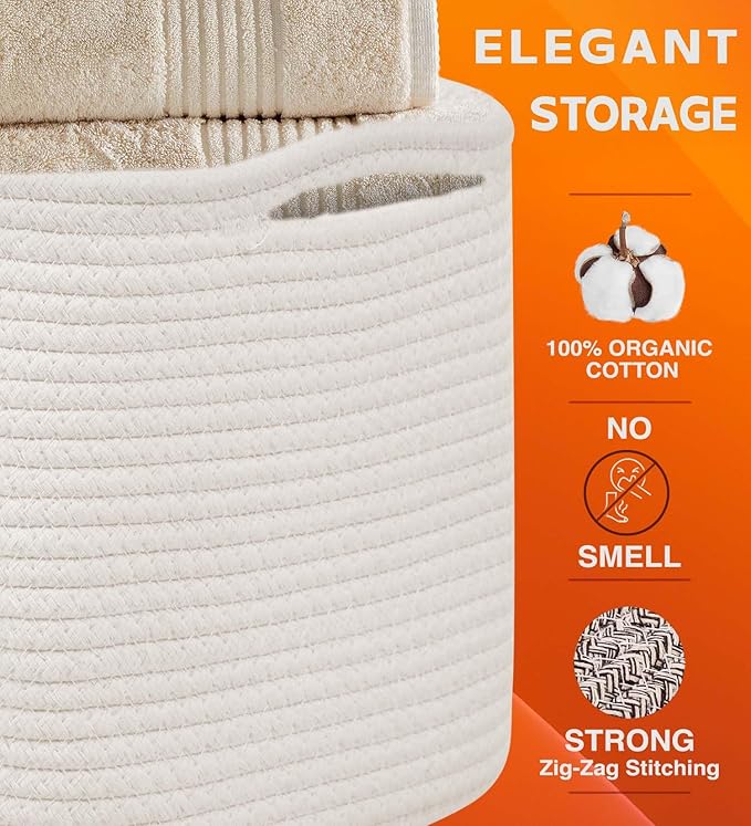 CHAT BLANC Cotton Rope Baskets for Organizing, Shelves, Toys, Storage, Shoe, Bathroom, Laundry, Towel, Nursery, Home Decor, Blanket, Cloth Woven Bins Fabric (Creamy White, 15"x10"x9")
