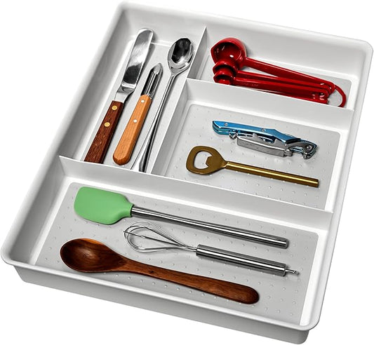 madesmart 4 Compartment Drawer Organizer, Multi Purpose Storage for Utensils, Office Tools, Cords, & Small Household Items, Tech Accessories, Arts & Crafts Supplies, Non Slip Lining, White