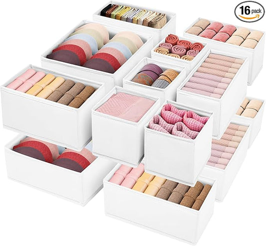 Drawer Clothing Organizer 16-Pack, White 3 Sizes Underwear Drawer Dividers, Fabric Folding Wardrobe Organizer, Can Store Baby Clothes, Bras, Underwear, Panties, Belts, Socks, Ties, etc.