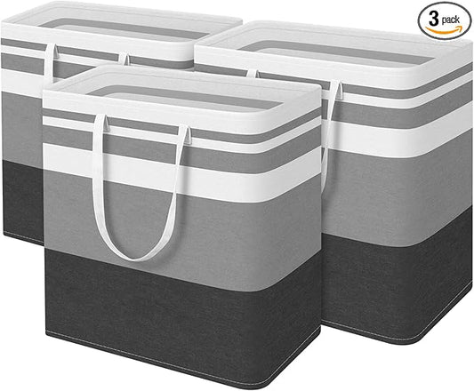 BlissTotes 3-Pack Laundry Basket, Freestanding＆Waterproof Laundry Hamper, Collapsible Tall Clothes Hamper with Easy Carry Handles for Clothes, Towels in the Family and Dorm,Gradient Grey,100L
