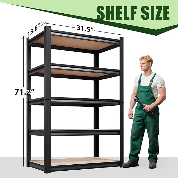 71.2" H Garage Shelving Heavy Duty Storage Shelves, Adjustable Metal Shelving Unit, Utility Garage Organizer Shelf for Basement, Pantry, Kitchen, Warehouse,13.8" D x 31.5" W x 71.2" H, Black