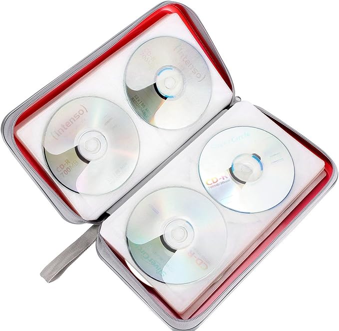 CD Case, Siveit DVD Case Holder 96 Capacity Hard Plastic CD DVD Disc Cases Storage Binder Wallet for Car Home Office Travel (Red)