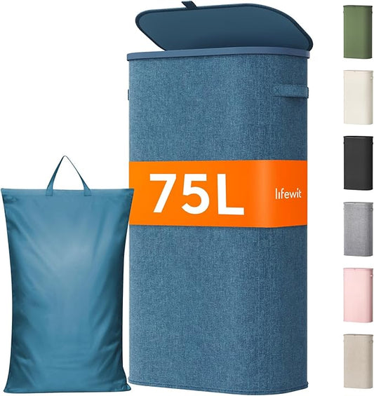 Lifewit 75L Slim Laundry Basket with Lid, Narrow Large Laundry Hamper with Plastic Handles and Removable Bag, Tall Foldable Dirty Clothes Hampers for Laundry Room, Bedroom, Bathroom, Dorm, Dark Blue