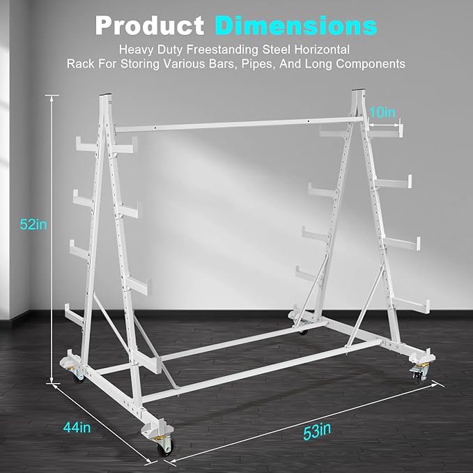 Mobile Horizontal Storage Rack, 5-Tier Pipe Rack Cart 53" x 52" x 44", 2000 lbs Heavy Duty Long Parts Storage Rack, Lumber Cantilever Racking with Wheels for Garage, Workshop, Shed, Basement