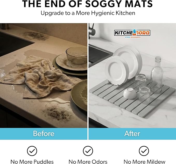 Stone Drying Mat for Kitchen Counter - Super Absorbent, 30sec Fast-Drying Diatomite Dish Mat, Collapsible for Kitchen.