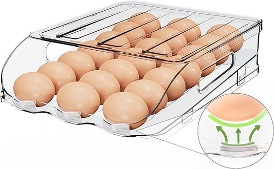 SMRCAD Egg Holder for Fridge, Automatic Steady Rolling Egg Dispenser with Silicone Bumpers & Handle for Refrigerator, Large Capacity Egg Organizer with Lid