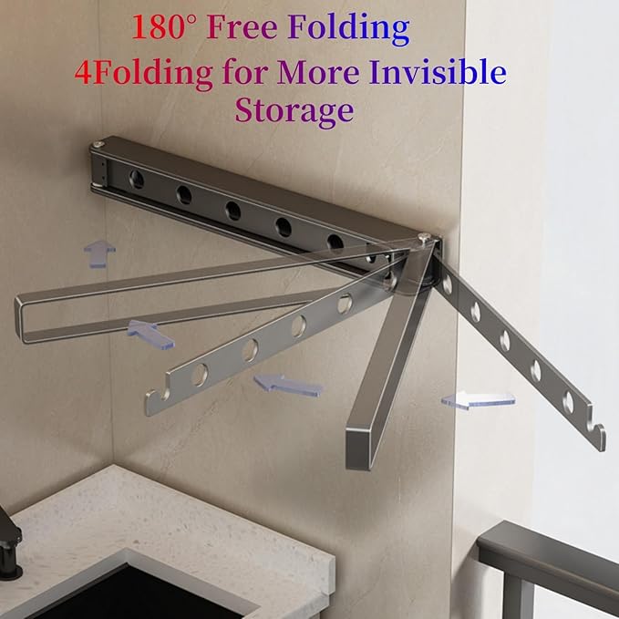Wall Mounted Drying Rack Aluminium Free Swinging Folding Drying Rack Towel Rack (4 Arms) Space Saving Laundry Drying Rack for Laundry Bathroom Balcony Apartment Dormitory Caravan (Grey)