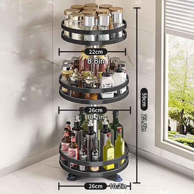Rotating Spice Rack, Multi-Layer Tier Lazy Susan Turntable, Rotates 360 Degrees, Adjustable Shelves, Double Layer, and A Revolving Design Make it the Perfect Spice Holder ( Color : Black , Size : 3 la