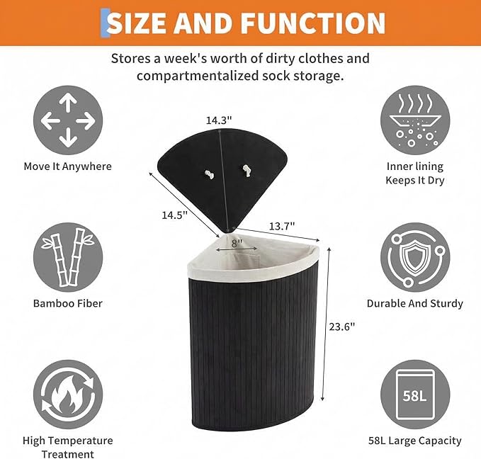 GarveeHome Folding Bamboo Laundry Hamper with Lid, 27.5 Gallon Wooden Laundry Basket with Washable Liner Bag, Slim Clothes Storage Hamper for Small Bedrooms Apartments Dorms (Black - Triangle)