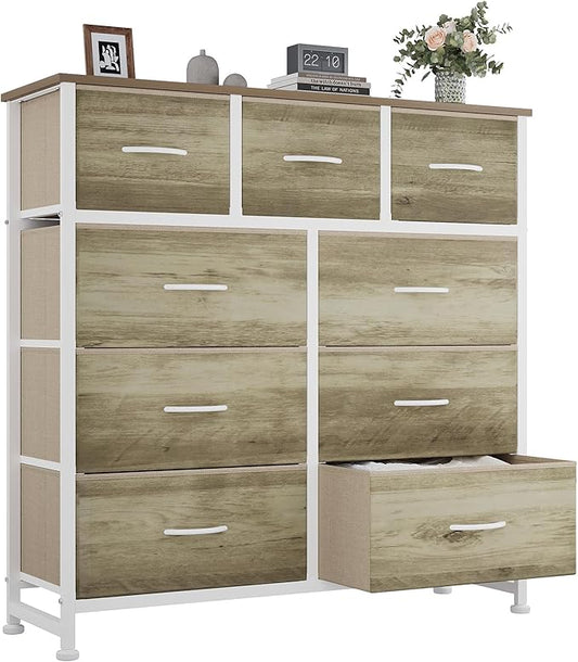 OLIXIS 9 Drawer Storage Dresser with Wood Top - Wide Fabric Chest Organizer for Bedroom, Closet, Living Room,Tower Cabinet, TV Stand, Hallway Entryway Furniture,Oak Greige