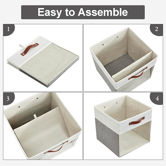 Bagnizer Storage Cubes, 4 Pack Linen Foldable Storage Bins with Clear Window and 2 Handles, 13x15x13 Storage Cube Bins for Shelf Closet, Kallax, Clothes, Books - (Gray and White)