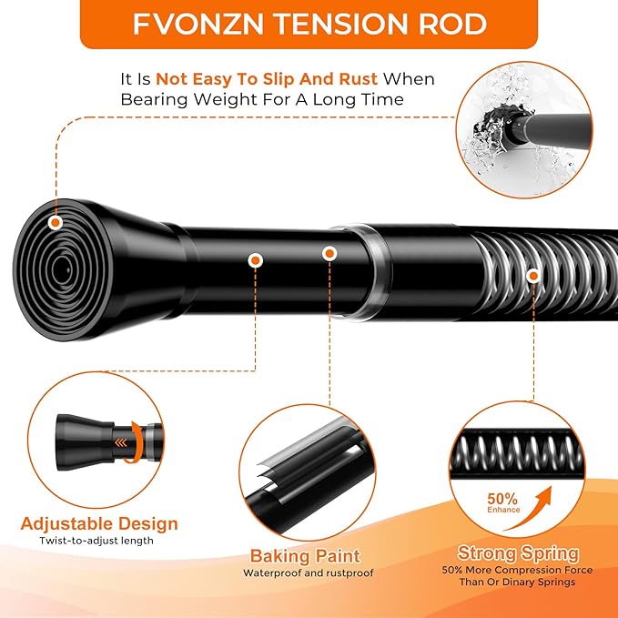 2Pack Spring Tension Curtain Rod 45 to 76 Inch 7/8" Diameter Adjustable No Drilling Black Shower Curtain Rods for Window Doorway Closet Door Kitchen Bathroom