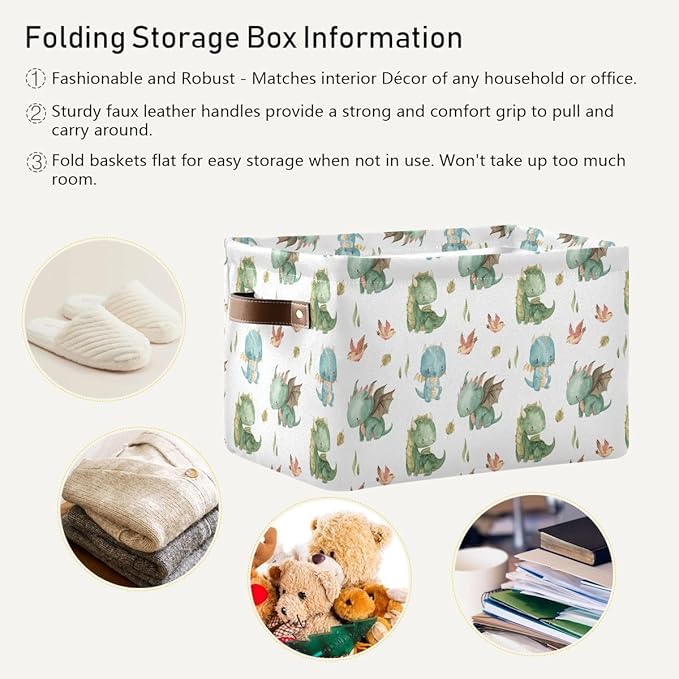 xigua Cute Dragon Storage Basket Collapsible Storage Bins Waterproof Canvas Storage Basket with Leather Handles for Home Closets Offices,Bedrooms,Gift Baskets,1PCS