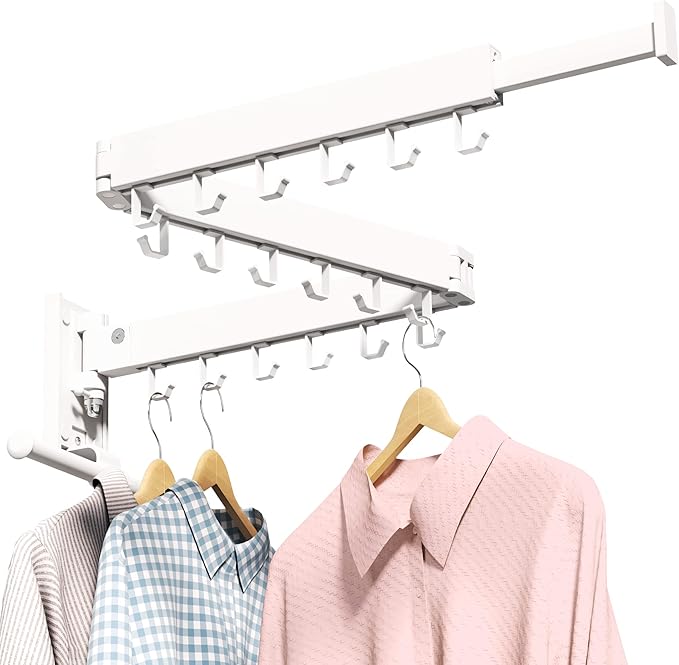 LIENAHU Drying Rack, Wall Mounted Clothes Rack, Aluminum, 220lbs Capacity, Foldable, White
