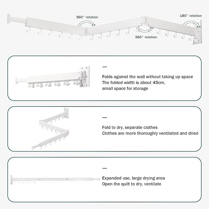 LIENAHU Wall Mounted Clothes Drying Rack, Collapsible, Folding, Retractable - Clothes Hanging Rack (Hooks, White)