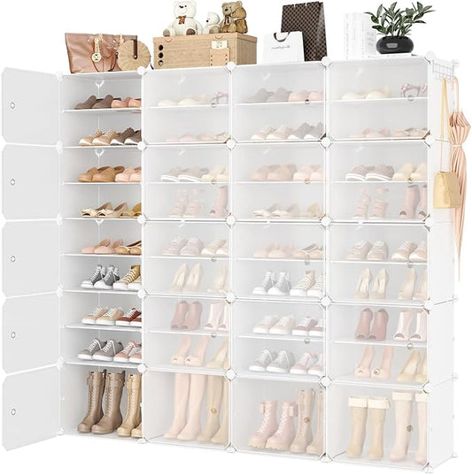 Portable Shoe Rack Organizer with Door, 80 Pairs Shoe Storage Cabinet Easy Assembly, Plastic Adjustable Shoe Storage Organizer Stackable Detachable Free Standing DIY Expandable 10 Tier White