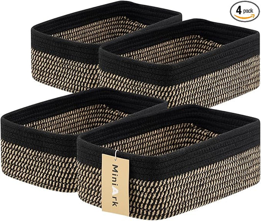 MiniArk Small Storage Baskets for Organizing | Closet Organizer Bins | Shelf Toy Basket | Woven Rope Baskets | Cube Decorative Box | Shallow Basket | 11.5x7.5x4.7” | 4 Packs Black Brown