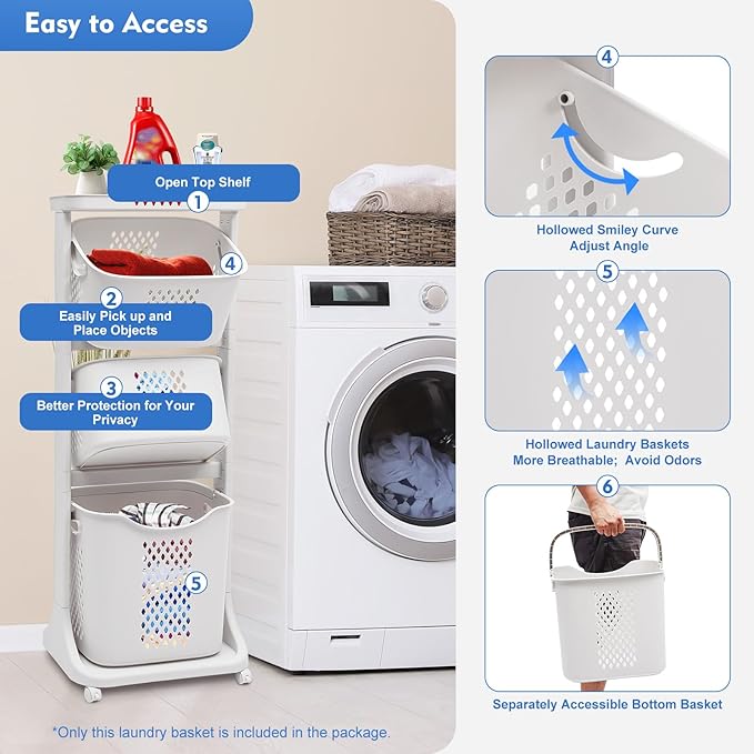 Rolling Laundry Basket, Laundry Hamper 3 Section With Wheels, Detachable Laundry Organizer Clothes Storage Hamper Laundry Sorter for Bedroom Dorm Apartment
