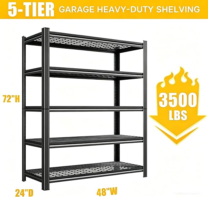 72''H Garage Shelving 3500LBS Capacity Wire Heavy Duty Storage Shelves, Adjustable 5 Tier Metal Industrial Wire Shelf for Kitchen, Utility Room, Warehouse and Basement, Black (48''Wx24''Dx72''H)