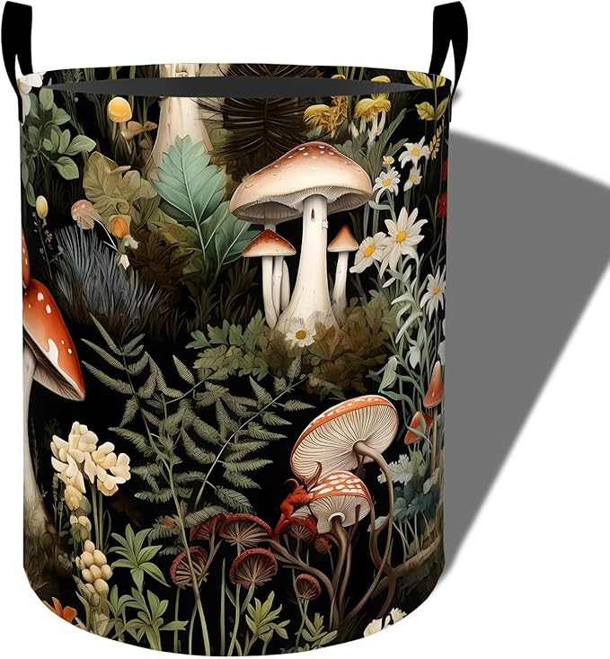 Forest Mushroom Laundry Basket, Flower Design Foldable Oxford Cloth, Waterproof Dirty Clothes Hamper with Handles, Clothing Storage Bucket Toy Organizer for Bathroom Bedroom Dorm, 19.7"x15.7"