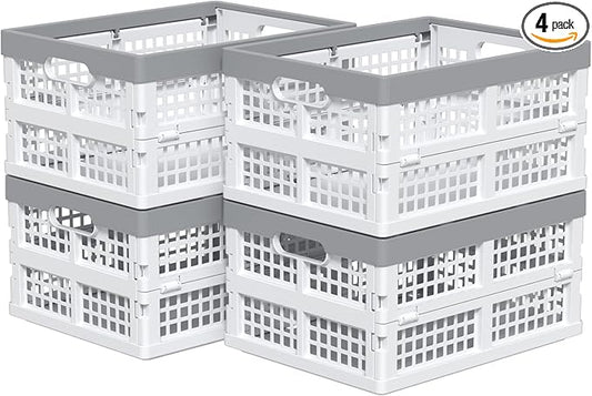 4 Packs 15 Liter Small Collapsible Heavy Duty Storage Bin/Container, Plastic Stackable Utility Folding Crate Basket, White