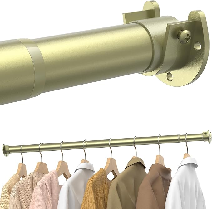 Supforce Closet Rods for Hanging Clothes, 17 to 84 Inches Stepless Adjustable Metal Closet Rod, 1.3 Inches Heavy Duty Clothes Hanging Rod for Closet Wardrobes Laundry RV, Verdant Gold