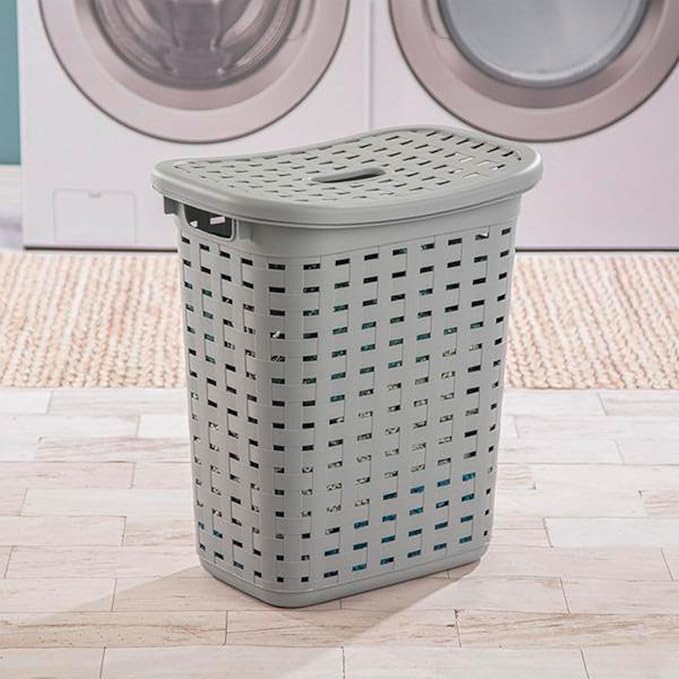Sterilite Plastic Wicker Style Weave Laundry Hamper, Portable Slim Clothes Storage Basket Bin with Lid and Handles, Cement Gray, 8-Pack