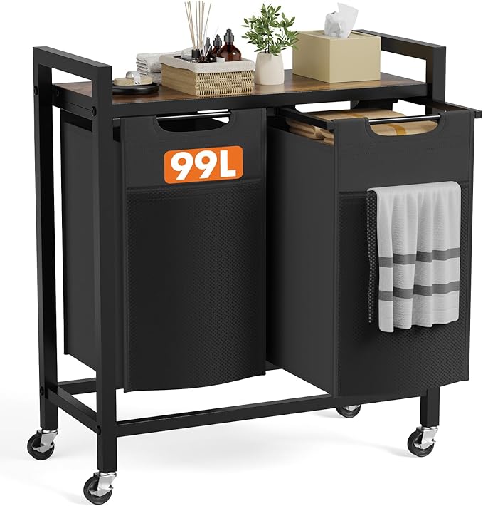 DUMOS Laundry Sorter 2 Section, 2 × 13.1Gal (99L) Rolling Laundry Basket with Pull-Out Removable Bags & Movable Wheels,Clothes Separator Hamper Cart for Laundry Room, Bathroom and Bedroom Organizer
