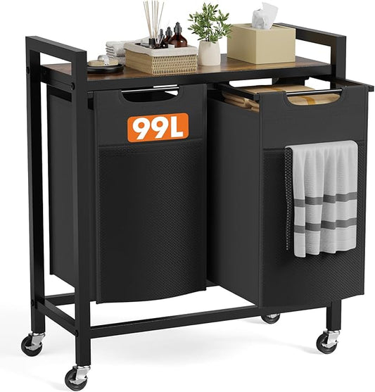 DUMOS Laundry Sorter 2 Section, 2 × 13.1Gal (99L) Rolling Laundry Basket with Pull-Out Removable Bags & Movable Wheels,Clothes Separator Hamper Cart for Laundry Room, Bathroom and Bedroom Organizer