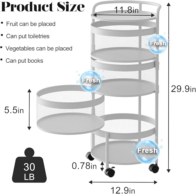 Garden 4 you Rotating Kitchen Storage Shelf Rack, 360° Rotating Fruit and Vegetable Storage Baskets,Multi-Layer Storage Shelf for Kitchen,Living,Room and Bathroom (White,4-Tier)