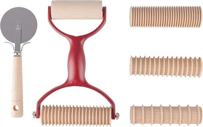 7 Pcs Pasta Making Tools - Kitchen Set with Handle, Pasta Cutter, Small Rolling Pin, and 4 Grooved Rollers for Spaghetti, Fettucine, Tagliatelle, and Pappardelle - Made in Italy by Classic Cuisine