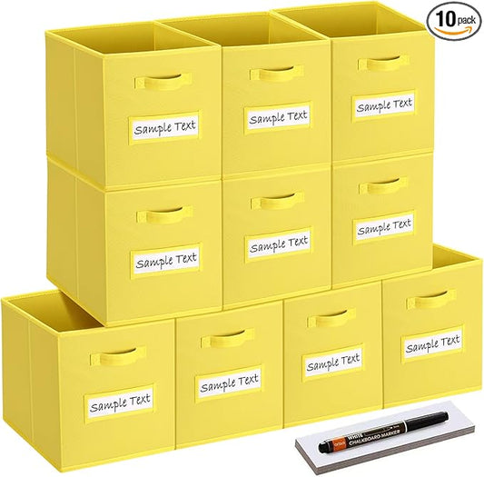 artsdi 13x13 storage cube bins (Set of 10) Foldable Fabric storage cubes with 10 Labels Window Cards & a Pen,13 inch cube storage bins,Closet Organizers for Shelves,Cubby Organizer Boxes,Dark Yellow