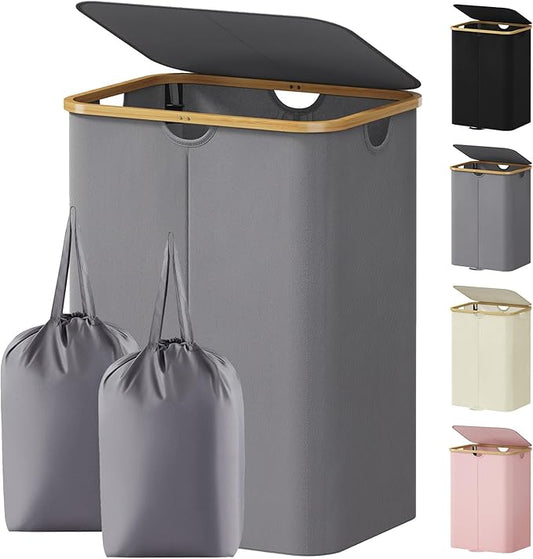 Lifewit 150L Double Laundry Hamper with Lid, Large Laundry Basket with Removable Bag & Bamboo Handles, Fodable Tall Dirty Clothes Hamper for Laundry Collapsible Bin for Bathroom Bedroom, Charcoal Gray