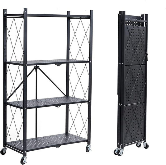BRIAN & DANY 4-Tier Foldable Storage Shelves with Wheels, Folding Metal Rack Shelving Unit, Heavy Duty No Assembly Organizer Shelf for Garage, Kitchen, Basement, Pantry, Black