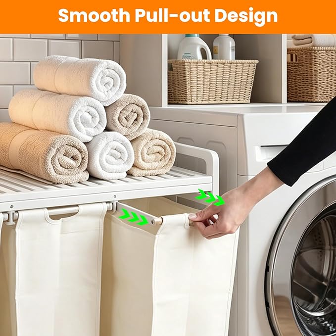 Bamboo Laundry Hamper 3 Section with Lid, 150L Laundry Sorter with Lockable Wheels, Pull-Out Removable Washable Bags, 3 × 12.5 Gal Divided Laundry Baskets for Laundry Room, Bathroom (White)