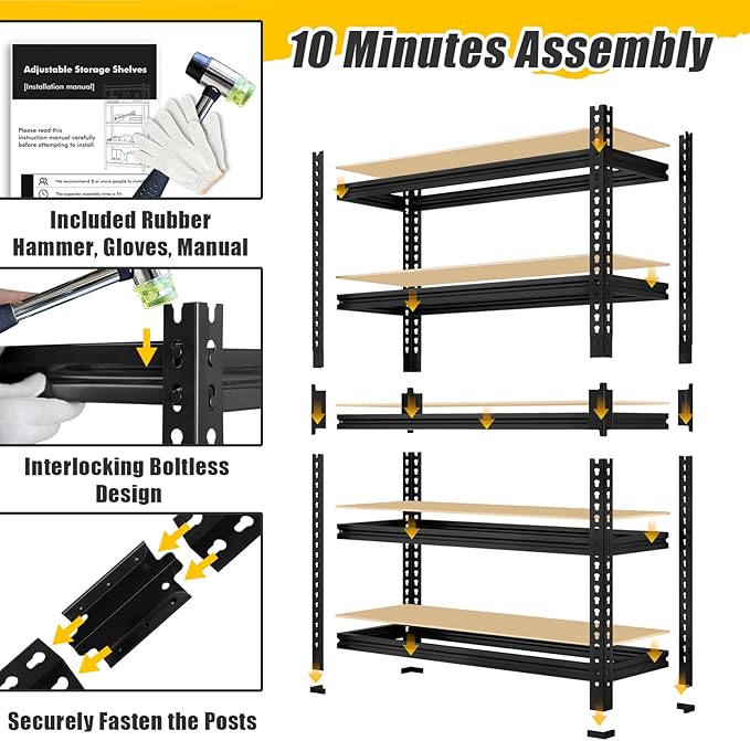5-Tier Metal Storage Shelves: Heavy Duty Garage Shelving Adjustable Shelves for Storage - Black Utility Rack Shelf for Pantry, Warehouse, Office, Kitchen, 28" W x 12" D x 59" H, 2PCS