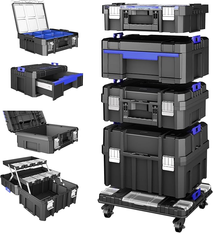 4 Tier Stackable Rolling Tool Box with Wheels | Modular Tool Organizer Box Storage System | Portable Tool Box with Drawers | Tough and Durable | For Garage Storage | Home Repairs | Professional Work