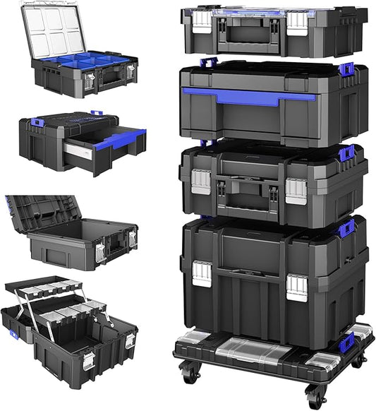4 Tier Stackable Rolling Tool Box with Wheels | Modular Tool Organizer Box Storage System | Portable Tool Box with Drawers | Tough and Durable | For Garage Storage | Home Repairs | Professional Work