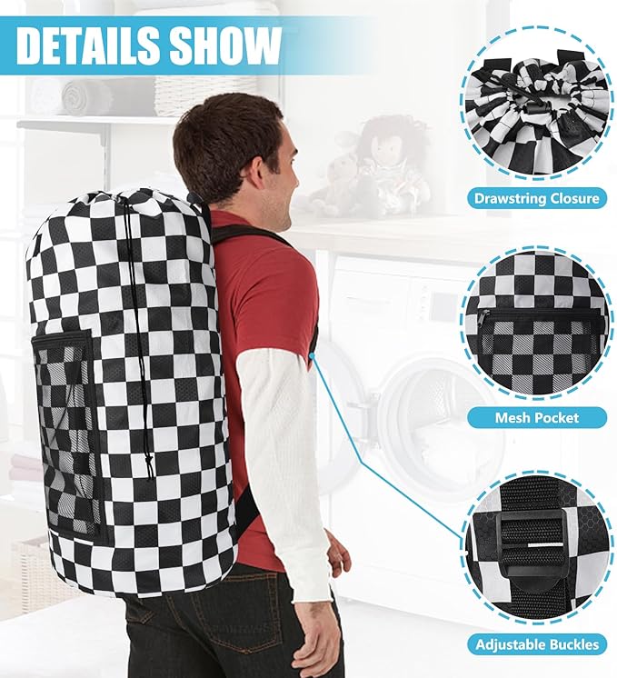 Laundry Bag Backpack, Extra Large Travel Laundry Bag with Mesh Pocket & Adjustable Shoulder Straps,Dirty Clothes Travel Bag for College Students Dorm,Apartment(Positive Square)