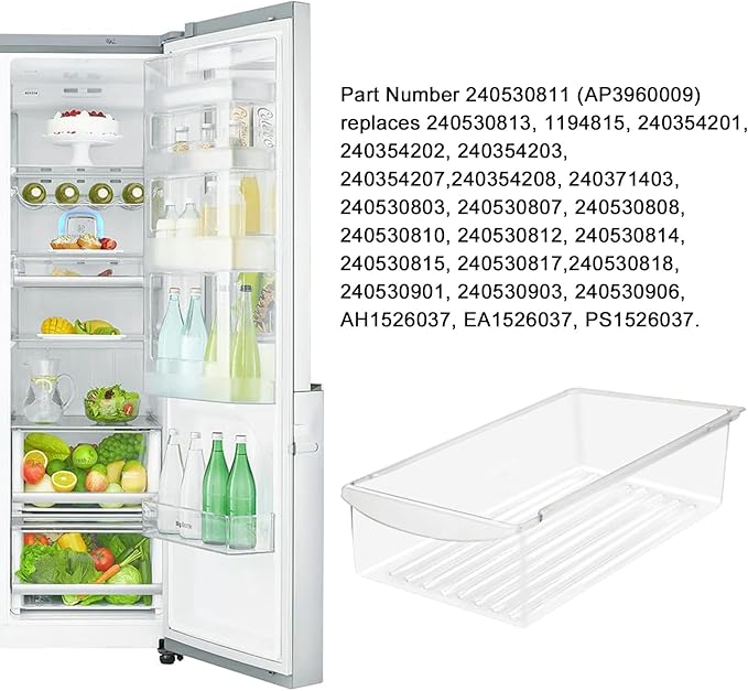 240530811 Refrigerator Drawer 15.4Width x 11.7Depth Replaces AP3960009, 240530813, 1194815, 240354201 Meat Pan Crisper Bin Compatible with Frigidaire (Not the larger part:240342830 16.5"x17.2")