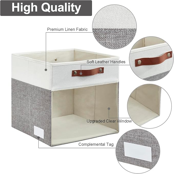 Bagnizer Storage Cubes, 4 Pack Linen Foldable Storage Bins with Clear Window and 2 Handles, 13x15x13 Storage Cube Bins for Shelf Closet, Kallax, Clothes, Books - (Gray and White)