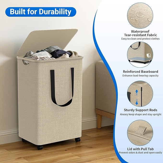 Laundry Basket with 5 Wheels, Tall Dirty Laundry Hamper, Rolling Laundry Basket with Lid, Large 90L Collapsible Clothes Hamper for Laundry Room Bedroom Bathroom Dorm, Khaki