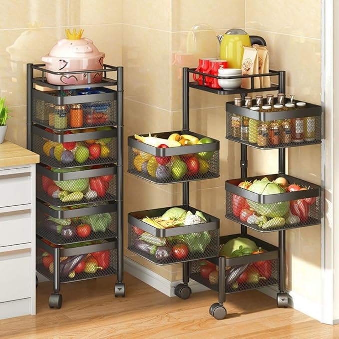 Rotating Rack with Lockable Casters & Removable Stainless Steel Basket, Fruit & Vegetable Storage Rack for Kitchen, Bathroom or Bedroom (Black, 5 Tier)