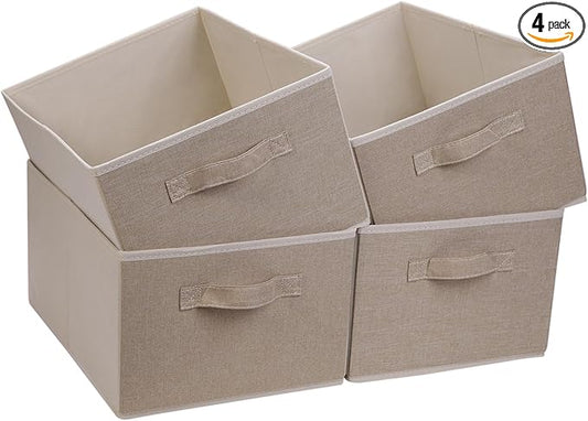 BOMKEE Collapsible Sorage Bins, Storage Cubes Baskets Collapsible Fabric Storage Boxes with Handles for Home and Office (Set of 4, Beige, 15.4 x 11.4 x 7.91inch)