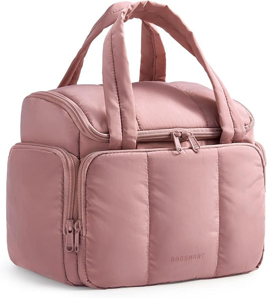 BAGSMART Travel Toiletry Bag for Women with Puffy Water-Resistant Fabric, Roomy Makeup Bag Organizer for Travel-Sized Toiletries & Accessories (Nude Pink)