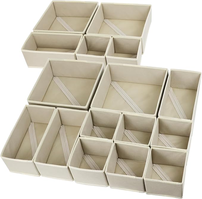 Fordonral 16 Pack Drawer Organizer Clothes, Foldable Fabric Dresser Organizer Closet Organizers and Storage Box for Underwear,Folded Clothes,Baby Clothing,Socks,Bra,Towels,Ties(Beige)