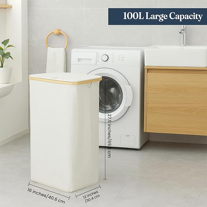 Fine Living 100L Large Laundry Hamper with Lid, Narrow Foldable Slim Laundry Basket with Removable Bag & Bamboo Handles, Skinny Tall Dirty Clothes Hamper for Dorm, Bathroom & Bedroom, Ivory