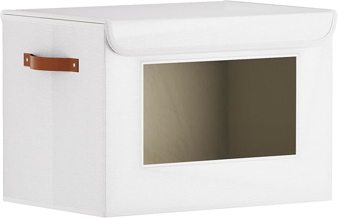 Storage Box with Handles, Decorative Linen Closet Organizer, Storage Bin for Shelves with Lid, 17.7 x 11.8 x 11.8 Inch, White, 1-Pack